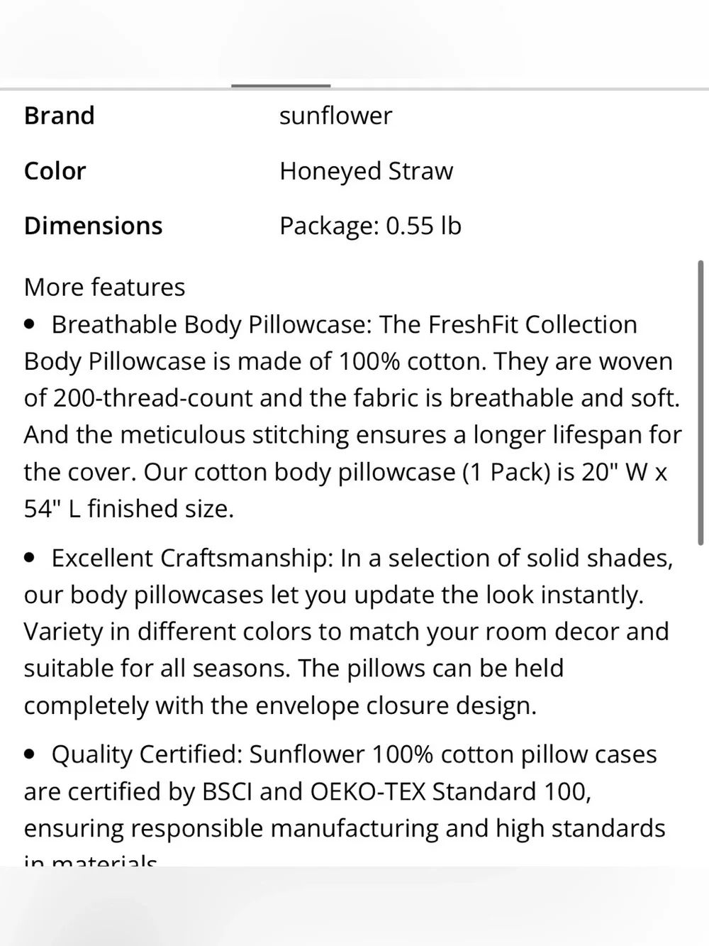 YELLOW Body Pillow Cover 100% Cotton